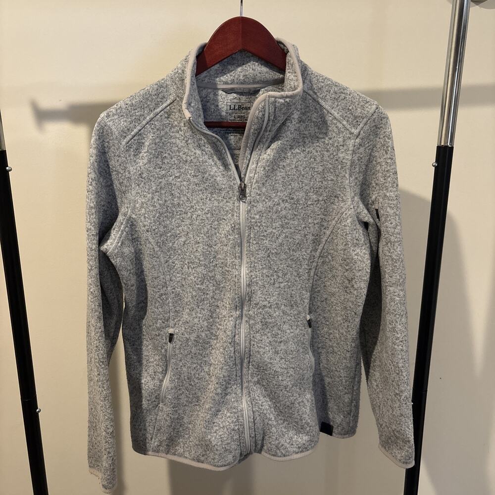 LL Bean Full Zip Fleece Jacket Womens Large Gray Sweater Knit